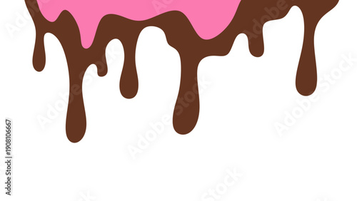 Sweet melting chocolate and pink strawberry icing glaze background. Melted syrup or dripping liquid sauce. Minimalist sweet chocolate and strawberry pink background.