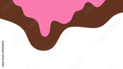 Sweet melting chocolate and pink strawberry icing glaze background. Melted syrup or dripping liquid sauce. Minimalist sweet chocolate and strawberry pink background.