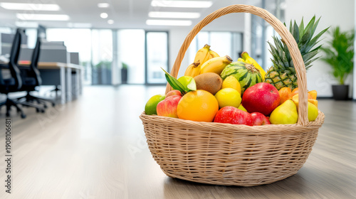 Basket filled with apple, orange, banana, pineapple, kiwi, and melon sits on modern office floor, creating fresh and inviting atmosphere for employees and visitors alike