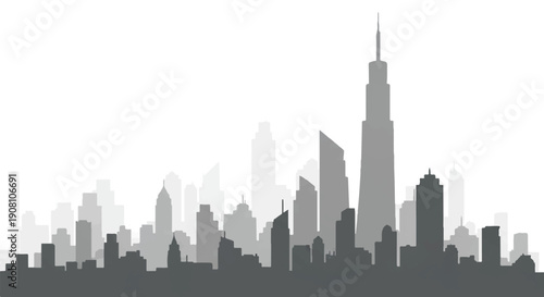 Stylized Gray City Skyline with Abstract Architectural Arrangements and Diverse Building Heights
