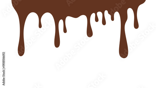 Melted chocolate or syrup drips isolated on a white background. Flowing liquid chocolate border element. A sweet brown syrup or sauce that melts and drips.