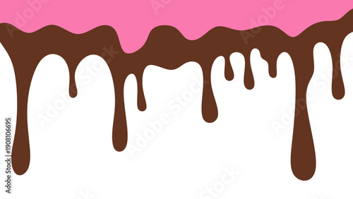 Sweet melting chocolate and pink strawberry icing glaze background. Melted syrup or dripping liquid sauce. Minimalist sweet chocolate and strawberry pink background.