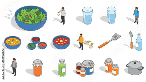 Collection of isometric food elements including salad bowls soups canned goods condiments and miniature people for architectural visualization.