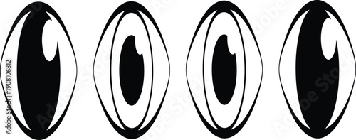 Set of four cartoon glossy eyes, black and white oval pupils, expressive comic mascot design, isolated vector illustration on light background