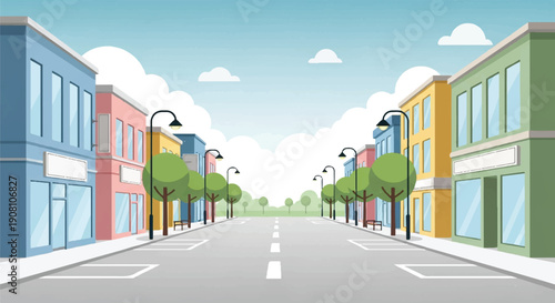 Vibrant Cartoon Street Scene with Colorful Buildings, Trees, and Clouds