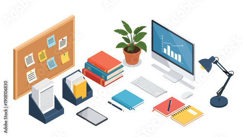 Neat office workspace illustration featuring a computer monitor books a potted plant stationery items and a bulletin board with sticky notes.