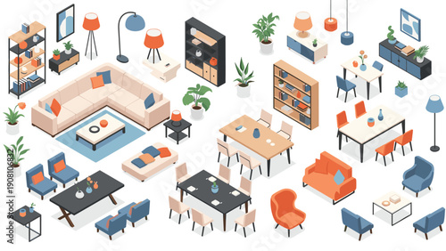 Comprehensive collection of isometric furniture icons including sofas dining sets lighting fixtures bookshelves and home decor items.
