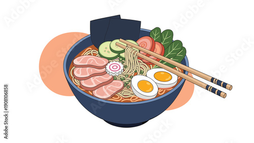 Delicious bowl of Japanese ramen noodle soup topped with pork slices soft boiled eggs seaweed and green onions shown with wooden chopsticks.