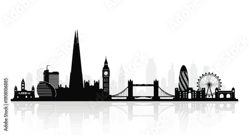 Black and White Silhouette of London Skyline with The Shard, Big Ben, Tower Bridge, and The Gherkin Featuring Subtle Reflections