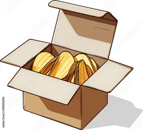 Create a realistic Open cardboard cylinder box can with potato chips. Cips can tube. 3d rendering vector art with white background.