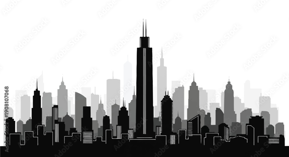 Obraz premium Striking Black and White Cityscape Featuring Central Skyscraper and Urban Architectural Contrast