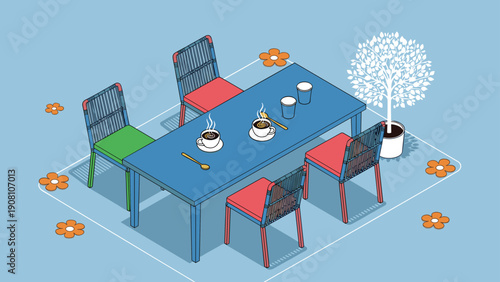 Charming outdoor patio scene featuring a blue dining table with coffee cups chairs and decorative flowers on a light blue background.