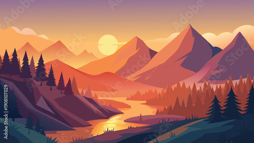 A vibrant landscape depicts majestic mountains a winding river and lush forests bathed in golden light