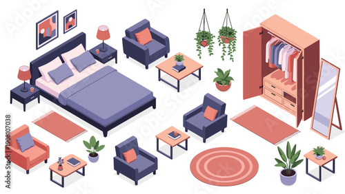 Large collection of purple and coral bedroom furniture icons including a bed wardrobe armchairs coffee tables and indoor plants.