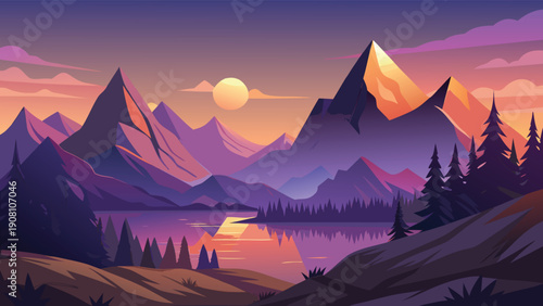 A vibrant landscape depicts majestic mountains reflecting in a calm lake under a setting sun