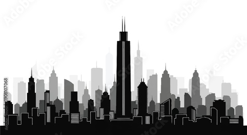 Striking Black and White Cityscape Featuring Central Skyscraper and Urban Architectural Contrast