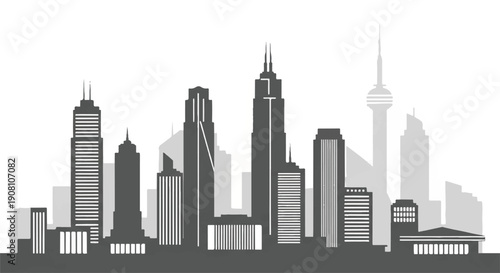 City Skyline Graphic Depicting Diverse Tall Buildings in Grayscale Illustrates Vibrant Urban Architecture With Triangular and Rectangular Shapes