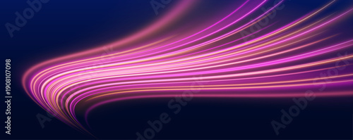 Dynamic glowing arcs flow diagonally, forming visual paths of motion and intensity. Bright particles shimmer along curves. Designed for digital vector.