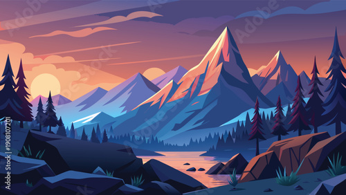 A stylized illustration depicts a majestic mountain range bathed in the warm glow of a setting sun