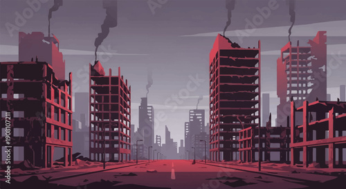 Eerie 2D Digital Art of a Desolate Cityscape at Dusk with Bold Red and Purple Lines