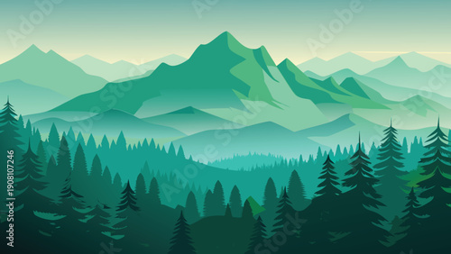A stylized landscape depicts layers of green mountains fading into mist with a dark forest foreground