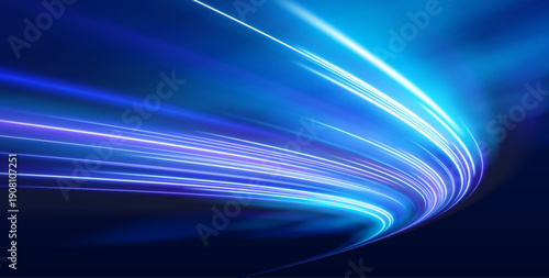 Neon streaks spiral through a dark digital landscape, creating waves of energy and speed. Light pulses shimmer along curves. Perfect for futuristic vector.