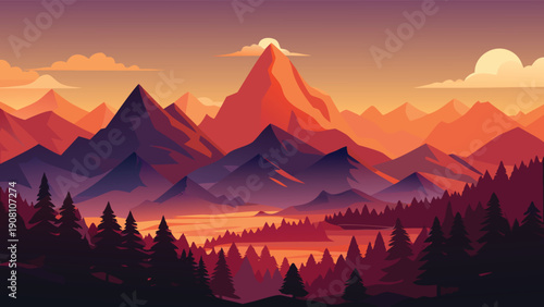 A vibrant illustration depicts a majestic mountain range under a warm colorful sunset sky high-quality