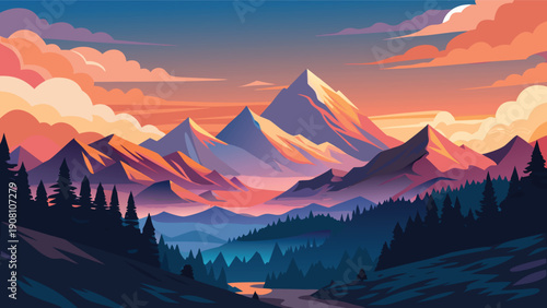 A vibrant illustration depicts majestic mountains bathed in the warm glow of a colorful sunset