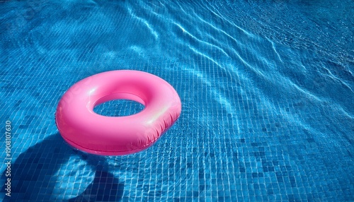 pink pool float ring floating in a refreshing blue swimming pool top view