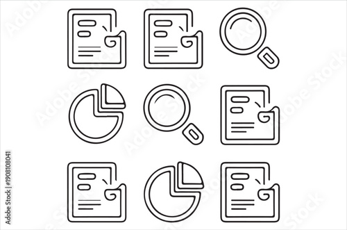 Collection of business and data analysis icons in simple line art style
