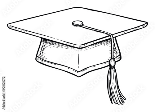 Hand drawn sketch of a traditional graduation cap with a tassel representing academic achievement and educational success perfect for university events and celebratory designs