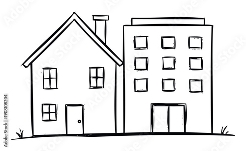 Hand drawn doodle style outline of a classic detached home and a contemporary multistory building for illustrating housing options and property development services