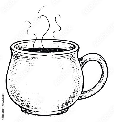 Rustic ink sketch of a steaming mug of dark coffee ready for use in breakfast advertisements warm drink promotions or food service related projects