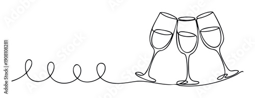 Continuous line drawing of three elegant wine glasses clinking together, perfect for event invitations, celebratory marketing materials, or drinkrelated presentations.