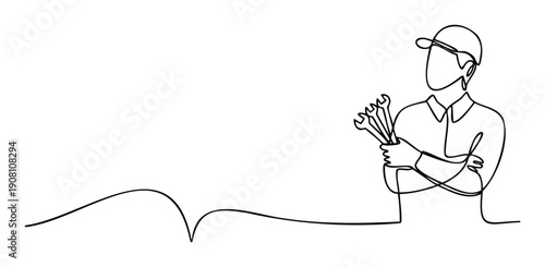 Continuous line drawing of a skilled mechanic worker wearing a cap and holding wrenches, representing reliable repair service and maintenance for automotive or home improvement businesses