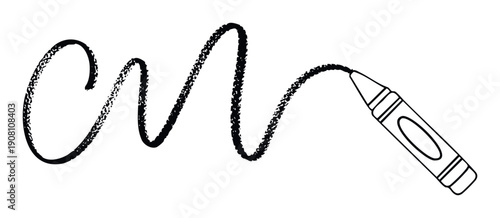 Black crayon drawing a textured wavy line on a blank surface, perfect for educational materials, child development resources, and creative learning activities