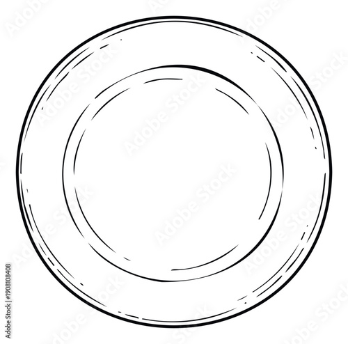 Simple hand drawn line sketch of a dinner plate offering a versatile graphic for culinary themes, restaurant menus, cooking blogs, recipe illustrations, or kitchen decor projects.