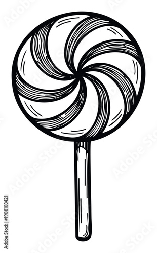 Classic hand drawn lollipop with a spiral design offers a delightful visual for confectionery advertisements, party invitations, or whimsical food packaging