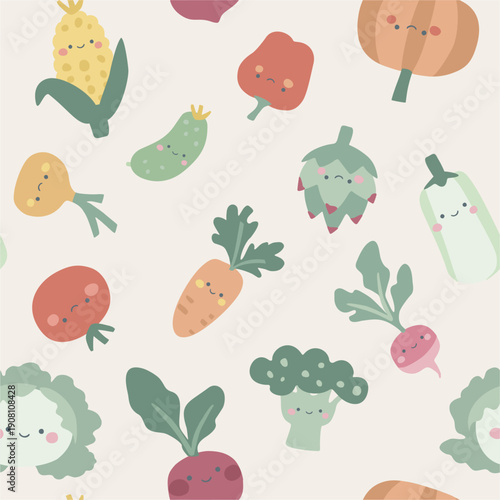 Cute seamless vegetable pattern with smiling cartoon veggies in soft pastel colors. Hand-drawn kawaii style