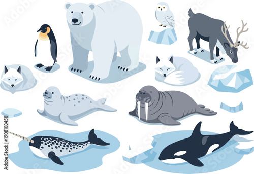 Arctic wildlife illustration featuring polar bears, penguins, and whales in icy landscape from aerial viewpoint