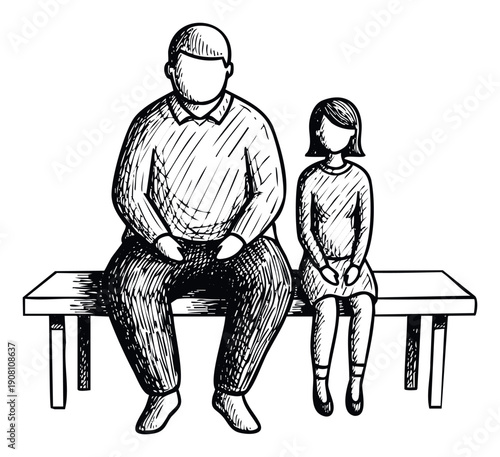 A handdrawn sketch depicting a man and a girl sitting together on a long bench, suitable for themes of human connection, social interaction, and waiting room visuals.
