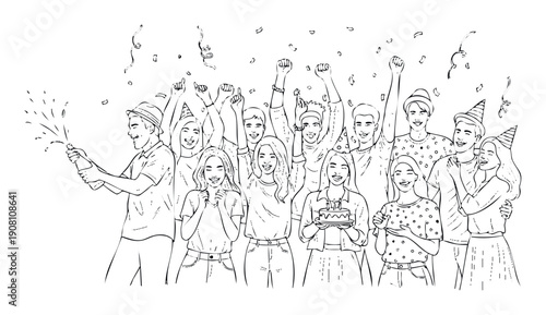 Happy young adults celebrating a special event together with confetti, champagne, and a birthday cake, perfect for invitations, greeting designs, and promotional materials.