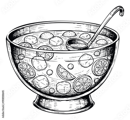 Traditional holiday punch bowl brimming with chilled liquid, floating ice, and fresh citrus garnishes, excellent for event planning visuals or cookbook designs