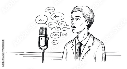 A young man in a suit speaks into a classic microphone with speech bubbles, perfect for conveying broadcasting, public speaking, news, or audio content production.