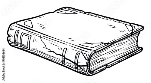 Monochrome hand drawn old book illustration with a textured cover and visible pages, ideal for educational content, vintage library themes, or historical document representations in graphic