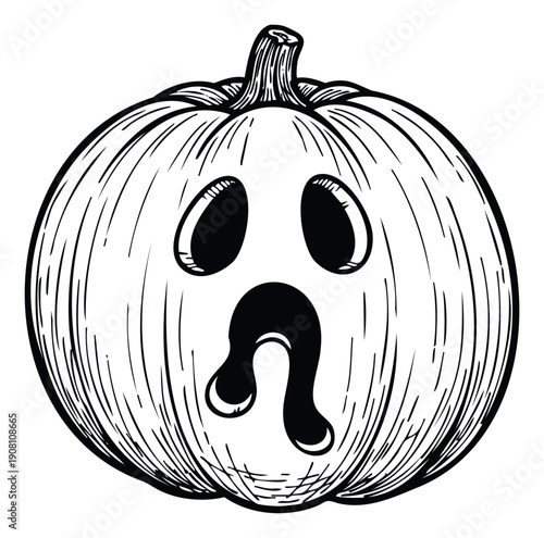 Frightening Halloween pumpkin with a distressed carved face in a classic graphic style, ideal for seasonal holiday promotions, spooky party invitations, or scary event decor and autumn