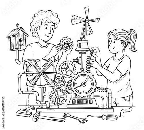 A young boy and girl collaboratively assemble an intricate mechanical device featuring gears, pipes, a birdhouse, and a windmill, symbolizing scientific innovation and handson learning for