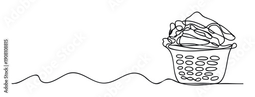 Minimalist continuous line drawing of a laundry basket overflowing with clothes, representing household chores and daily routine, suitable for various homerelated graphic projects.