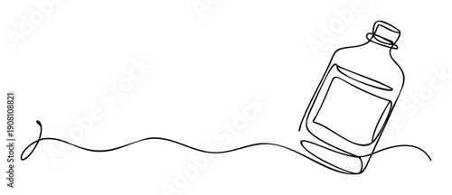 Continuous line bottle drawing with flowing abstract stream creating a modern minimalist graphic shape for sleek product packaging and beverage branding visuals.