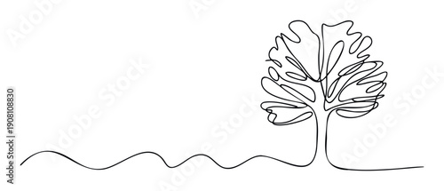 Continuous single line drawing of a stylized tree with a wavy ground base providing a minimalist visual for ecofriendly designs, nature conservation projects, or peaceful digital
